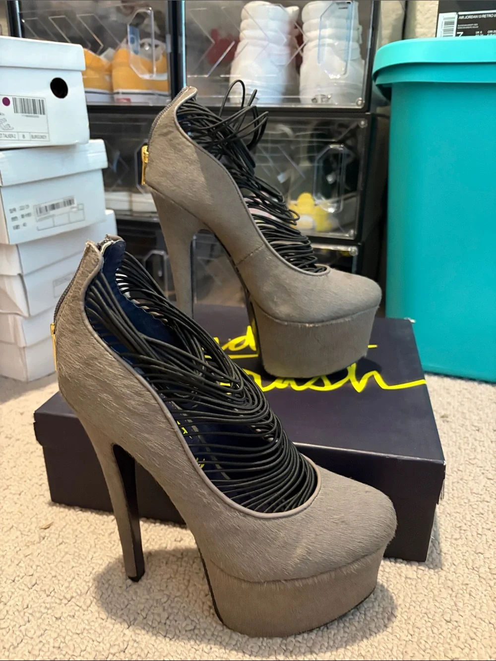 London Trash Taupe Platform Pumps with Black Strappy Upper